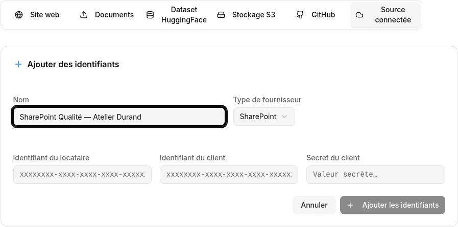 Formulaire d'identifiants SharePoint dans IgnitionRAG
