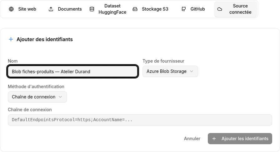 Formulaire de connexion Azure Blob dans IgnitionRAG