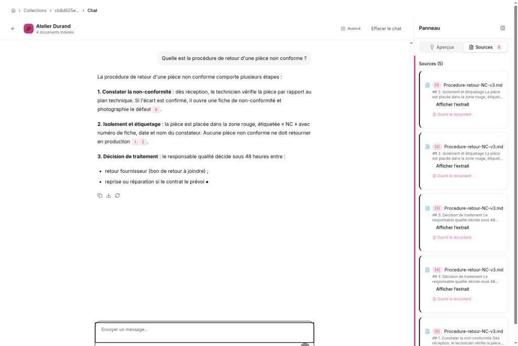 Réponse IgnitionRAG avec renvois numérotés et panneau Sources